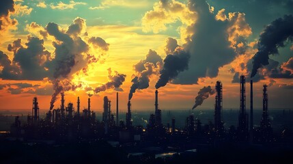 Obraz premium A sunset over a city with a large industrial area. The sky is orange and the sun is setting. The sun is behind a large industrial area with many tall buildings