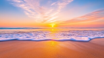 Fototapeta premium Vibrant sunset over a tranquil beach, waves lapping at the shore.