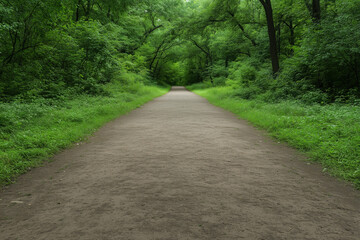 Fototapeta premium landscape with path in the woods, straight path through lush greenery, scenic bike trail surrounded by trees and shrubs, daylight, photorealistic
