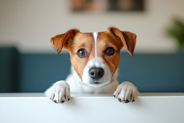 A closed up puppies with a surprised body look towards the front.