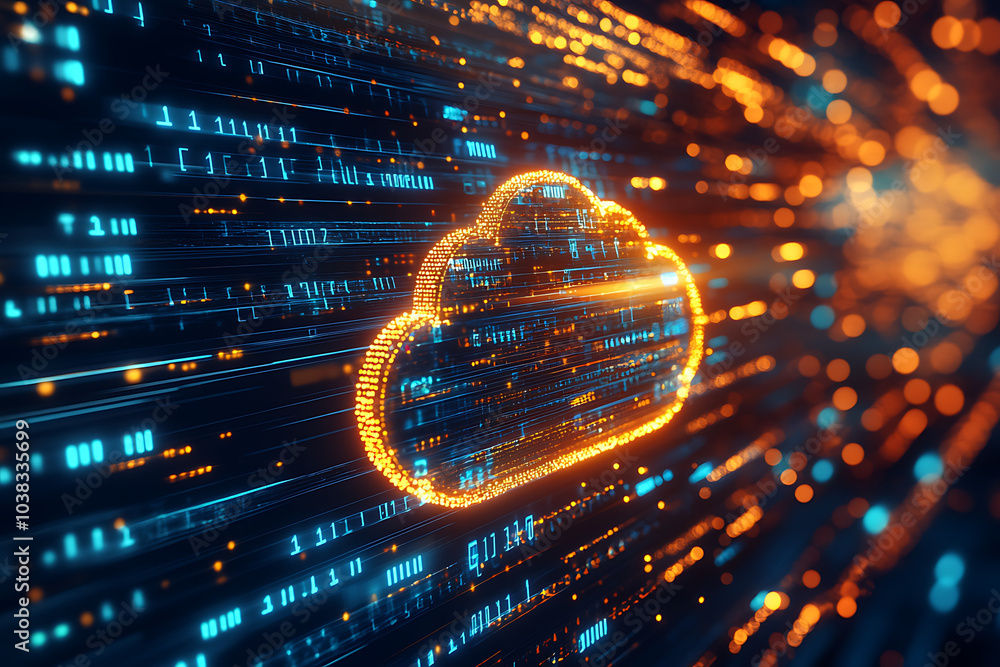 Poster abstract representation of cloud computing with data streams and digital elements.