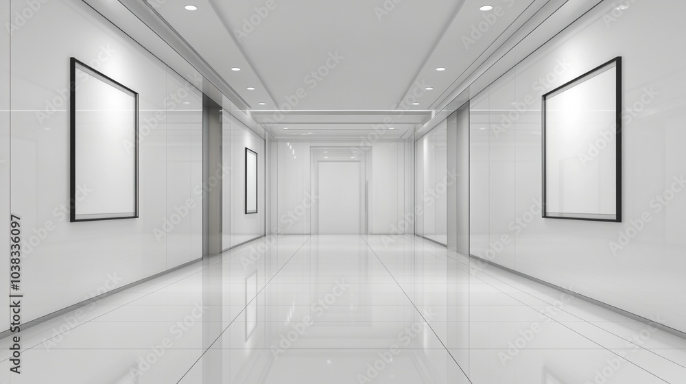 Poster minimalist white corridor with gleaming floors and empty picture frames, embodying modern architectu