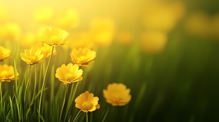 Obraz premium Vibrant yellow flowers blooming in a lush green field.