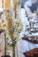 Wedding decoration. Floristics. Vessels with candles and bulk wax. Transparency and ease of design....