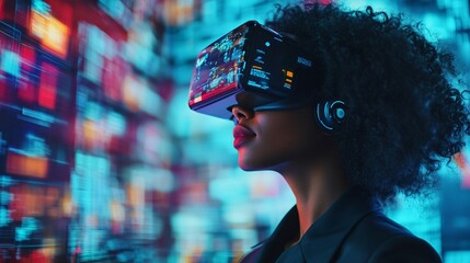 Futuristic profile of a person wearing a high-tech VR headset, immersed in a vibrant digital world with neon lights and data streams flowing in the background.