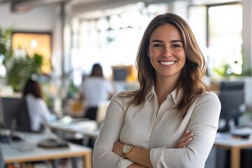 A smiling woman in a corporate office, arms crossed, exuding confidence and professionalism.