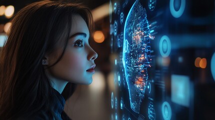 Futuristic technology concept: young woman interacting with holographic global network display, symbolizing digital connectivity and data analysis.