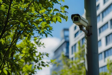 Obraz premium surveillance camera mounted on a pole near green trees in an urban environment, symbolizing the balance between security, technology, and nature in modern cityscapes