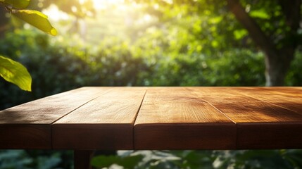 Naklejka premium Rustic wooden table surface in sunlit garden setting, perfect for product display or outdoor dining scene. Natural backdrop with lush greenery and soft bokeh.