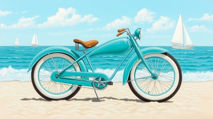 Fototapeta premium Vintage beach cruiser bicycle on sandy shore with ocean view and sailing boats.