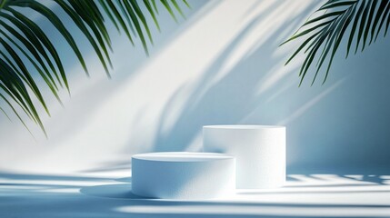 Fototapeta premium Minimalist white podiums under palm leaf shadows on light blue background, creating a serene tropical product display scene for luxury branding.