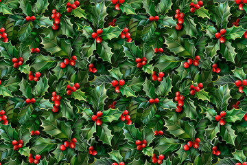Obraz premium Seamless repeat and fully tileable background of christmas holly with red berries