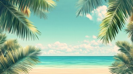 Tropical paradise framed by lush palm fronds, showcasing a pristine turquoise ocean meeting golden sand under a serene sky with wispy clouds. Idyllic beach getaway.