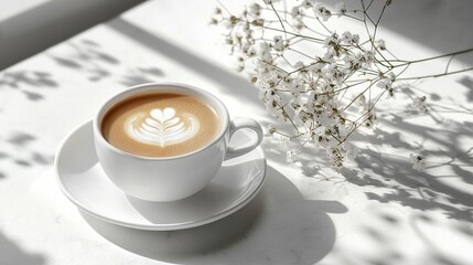 Sunlit morning scene: white cup of latte with delicate leaf art, accompanied by baby's breath flowers, casting soft shadows on a bright surface.