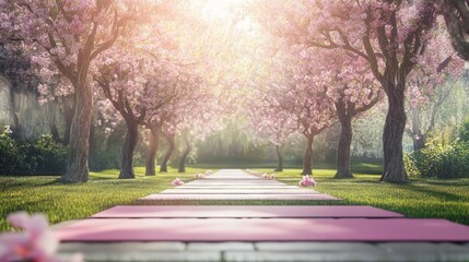 Obraz premium A peaceful yoga retreat in a serene garden sanctuary, Yoga mats laid out under blossoming trees, Tranquil zen style