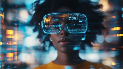 Futuristic augmented reality glasses reflect cityscape, merging digital and physical worlds in a vibrant, neon-lit urban environment at night.