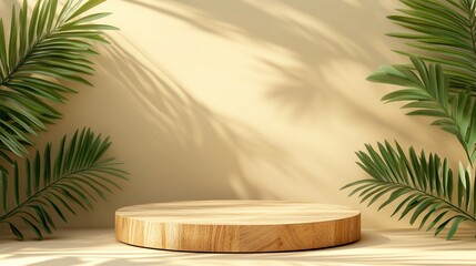 Fototapeta premium Tropical elegance meets minimalist design: wooden podium surrounded by lush palm fronds, casting gentle shadows on a warm beige backdrop. Perfect for product display.