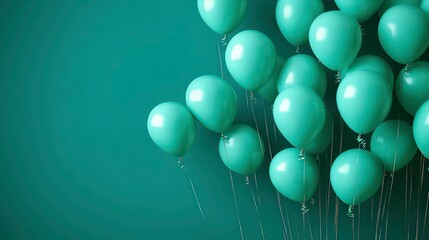 A group of teal balloons arranged in a cluster against a teal background, leaving copy space.