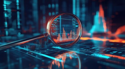 Magnifying glass over a graph, idea and business growth, 3D illustration 
