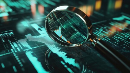 Magnifying glass over a graph, idea and business growth, 3D illustration 