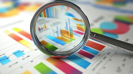 Magnifying glass over a graph, idea and business growth, 3D illustration 