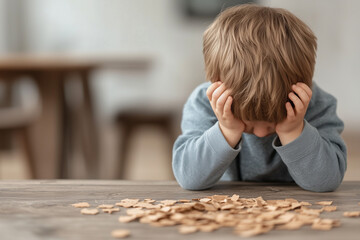 sad child with head in hands looking at scattered ripped paper on wooden table