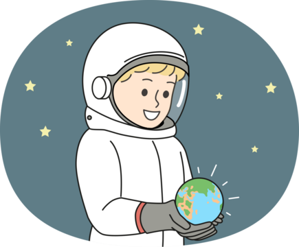 Boy dressed as astronaut is holding miniature planet earth, located in space with starry sky. Small child dreams of becoming astronaut and going on cosmos research expedition on shuttle