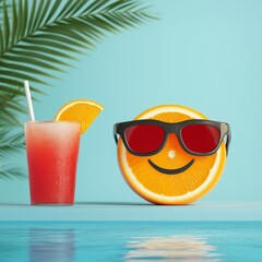 A cheerful orange slice with sunglasses sits next to a refreshing drink, evoking a vibrant summer vibe against a bright blue background.