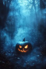 Naklejka premium Halloween pumpkin in the background with a fuzzy Enchanted Forest