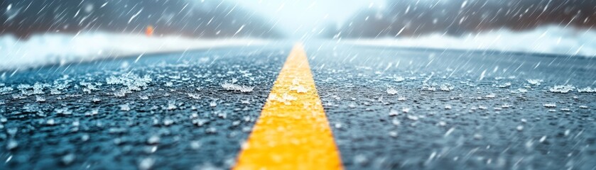 Wet road with yellow traffic lines under rainy weather conditions.