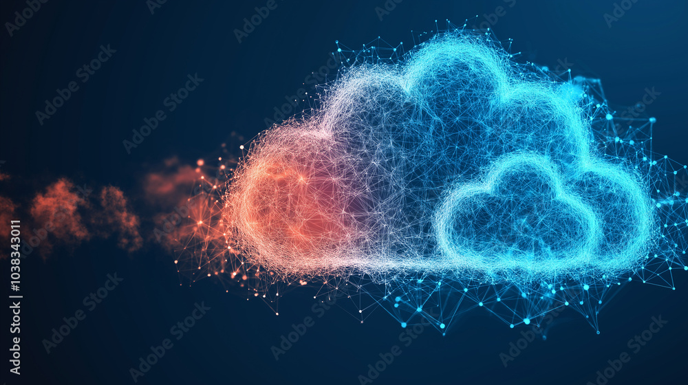 Poster digital world visualization, interconnected data streams, cloud computing icons, modern gadgets, vib