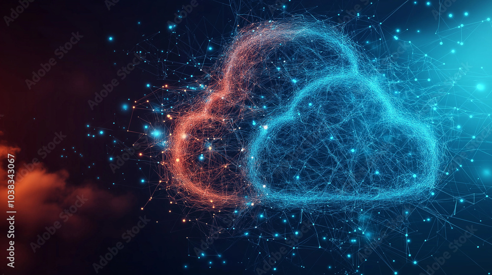 Poster digital world visualization, interconnected data streams, cloud computing icons, modern gadgets, vib