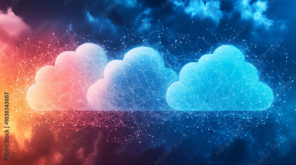 Poster digital world visualization, interconnected data streams, cloud computing icons, modern gadgets, vib