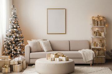 Cozy living room decorated for Christmas with beautifully adorned tree, elegant gifts, and warm atmosphere. Perfect for holiday gatherings and celebrations