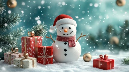 Fototapeta premium snowman and gifts flat design front view North Pole theme 3D render color scheme 