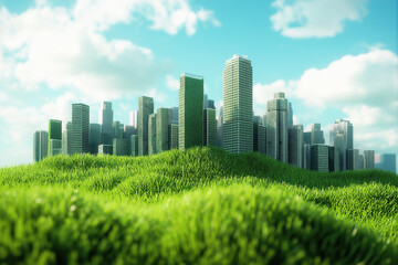 cityscape of future behind grassy landscape, modern skyline in the background, eco friendly buildings for sustainable development, photorealistic