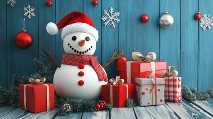 snowman and gifts flat design front view North Pole theme 3D render color scheme 