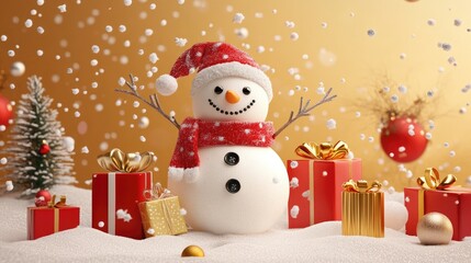 snowman and gifts flat design front view North Pole theme 3D render color scheme 
