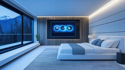 A modern bedroom featuring a large window, stylish decor, and a sleek TV display on the wall, creating a serene and sleek atmosphere.