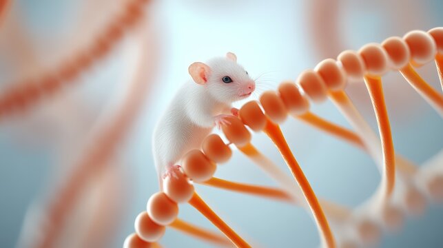 White mouse on a DNA helix, illustration of genetics and molecular biology.