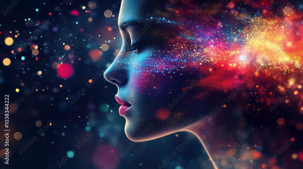 Aufkleber a woman's face is illuminated by a colorful explosion of light and particles, creating a surreal and