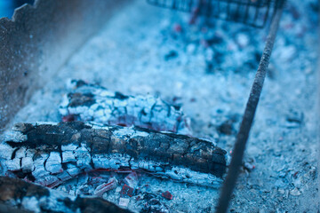Burning wood for cooking on the grill. Tongues of flame, smoke, coal and ash. Burning hot charcoal....