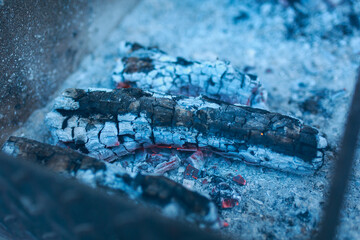 Burning wood for cooking on the grill. Tongues of flame, smoke, coal and ash. Burning hot charcoal. The tongues of flame and ashes. Forge horn, brazier. 
