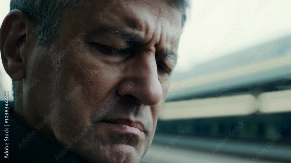 Poster close-up video of middle-aged man with weary expression, soft diffused light, static camera. blurred