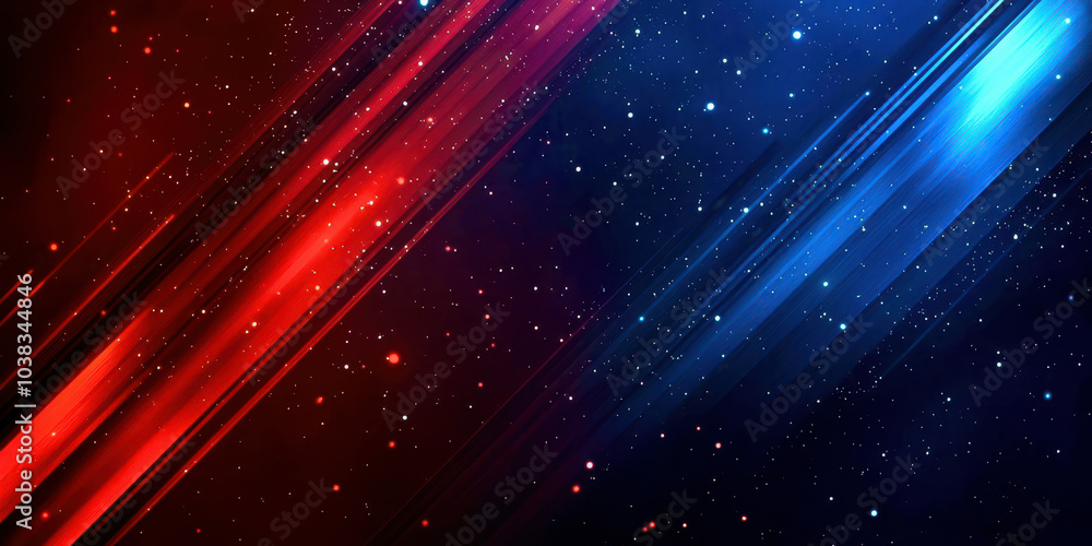 Poster a blue and red background with stars and a red line