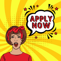Apply now Vector Design with Cartoon, Comic Speech Bubble in pop-art style. Apply now pop art comic style. Can be used for business, marketing and advertising.
