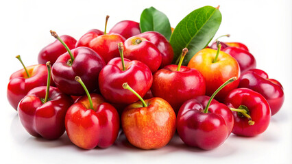 Obraz premium Fresh Red Cherries with Green Leaves on White Background