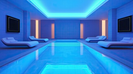A tranquil spa room featuring a glowing blue pool, modern loungers, and ambient lighting, creating a serene and luxurious atmosphere.