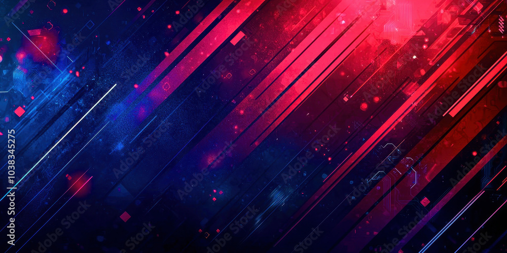 Poster A blue and red background with a lot of lines and dots