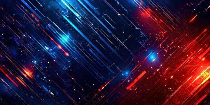 A colorful, abstract image with blue and red lines and dots